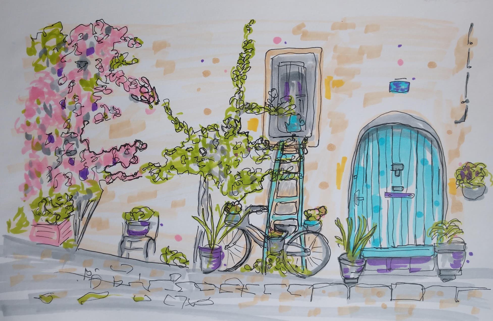 Hand-drawn marker sketches from April 2020: colorful street scenes, houses with plants, a bicycle by a blue door